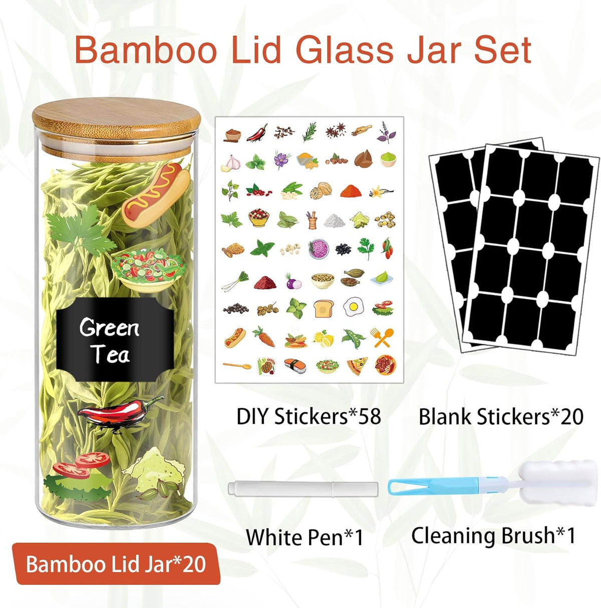 16 oz 20 pcs Glass Jars with Bamboo Lids, Stackable Clear Food Storage Jars, Airtight Kichen Glass Pantry Storage Containers with Lids for Rice, Candy, Sugar, Flour, Nuts, Cookie, Spice
