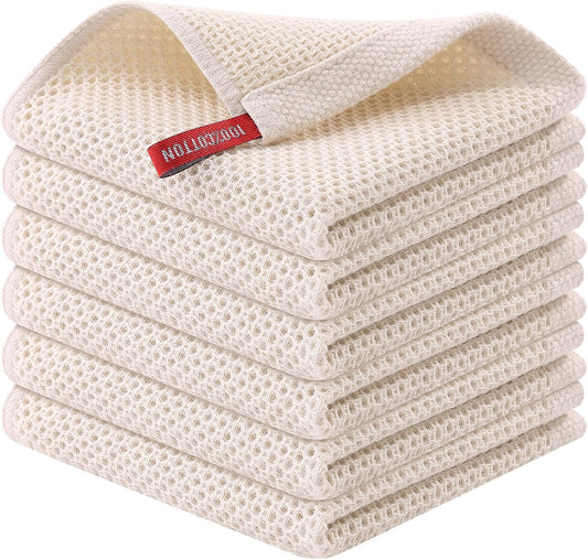 Kitinjoy 100% Cotton Kitchen Dish Cloths, 6-Pack Waffle Weave Dish Towels for Drying Dishes Super Soft Absorbent Quick Drying Dish Rags, 12 X 12 Inches, Beige
