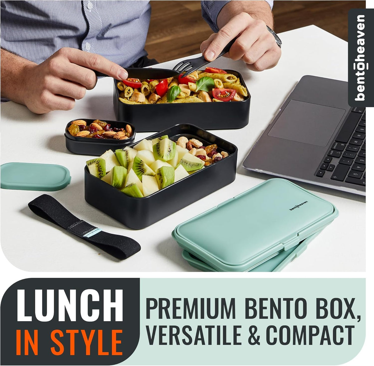 Bentoheaven Premium Bento Box Adult Lunch Box with Compartments for Women & Men, Set of Utensil & Chopsticks & Dip Container, Cute Japanese Kids Bento Lunch Box, Microwavable (Billie Green)