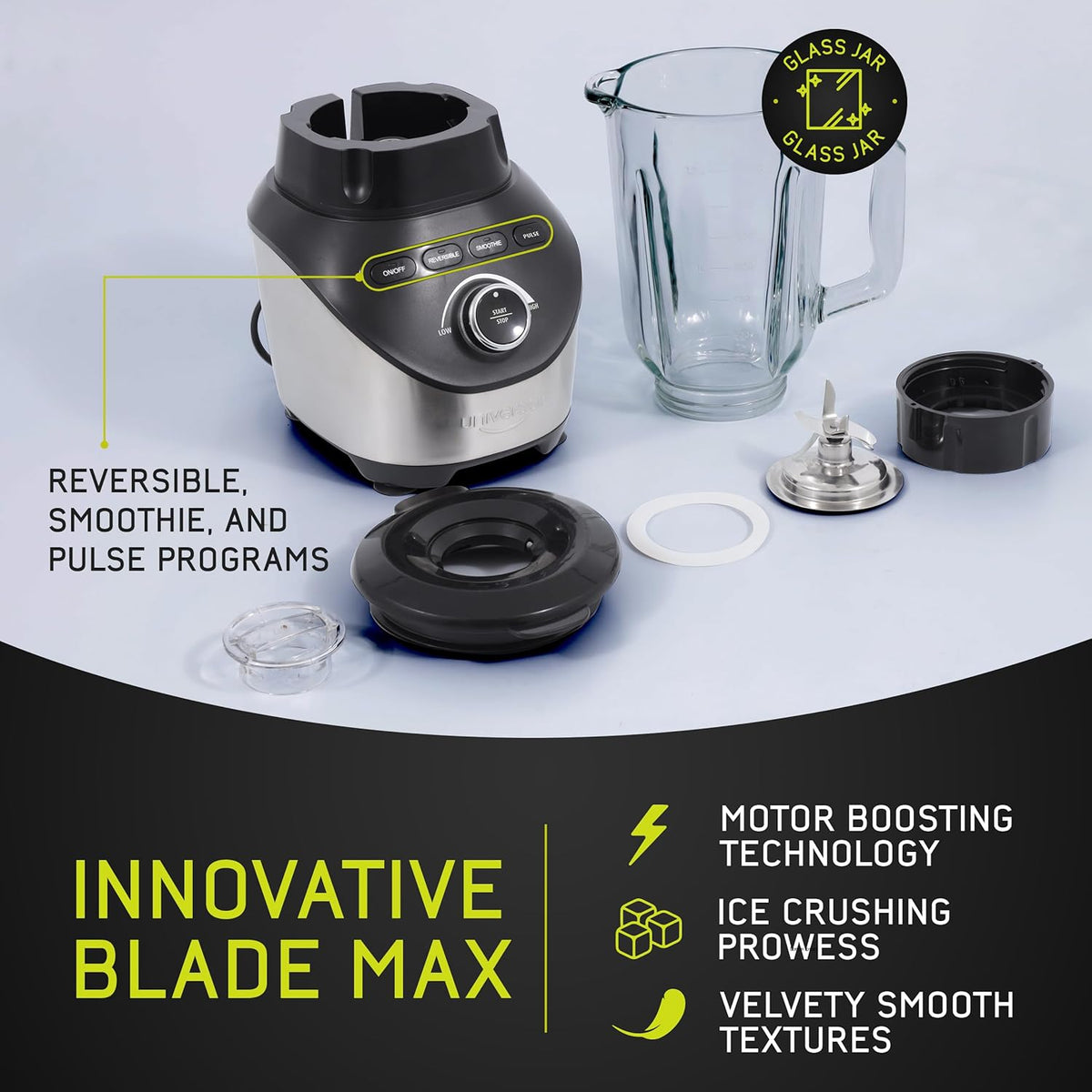 Universal 1500 Peak Watt Turbo Elite Max Blender, 71oz - 9-cup / 2.1 Liter Glass Pitcher, 3 Speed Settings with Powerful 6 Stainless Steel Blades, Premium Blender for Smoothies, Domestic Use