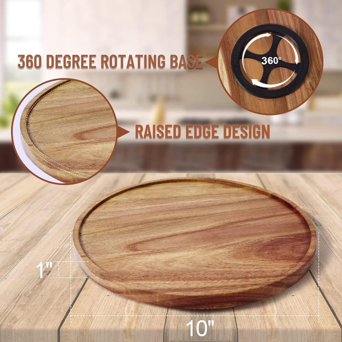 10-inch Acacia Wood Lazy Susan Organizers, ACIAZAAZ Lazy Susan Turntable for Cabinet, Kitchen Turntable Storage for Table, Countertop, Pantry