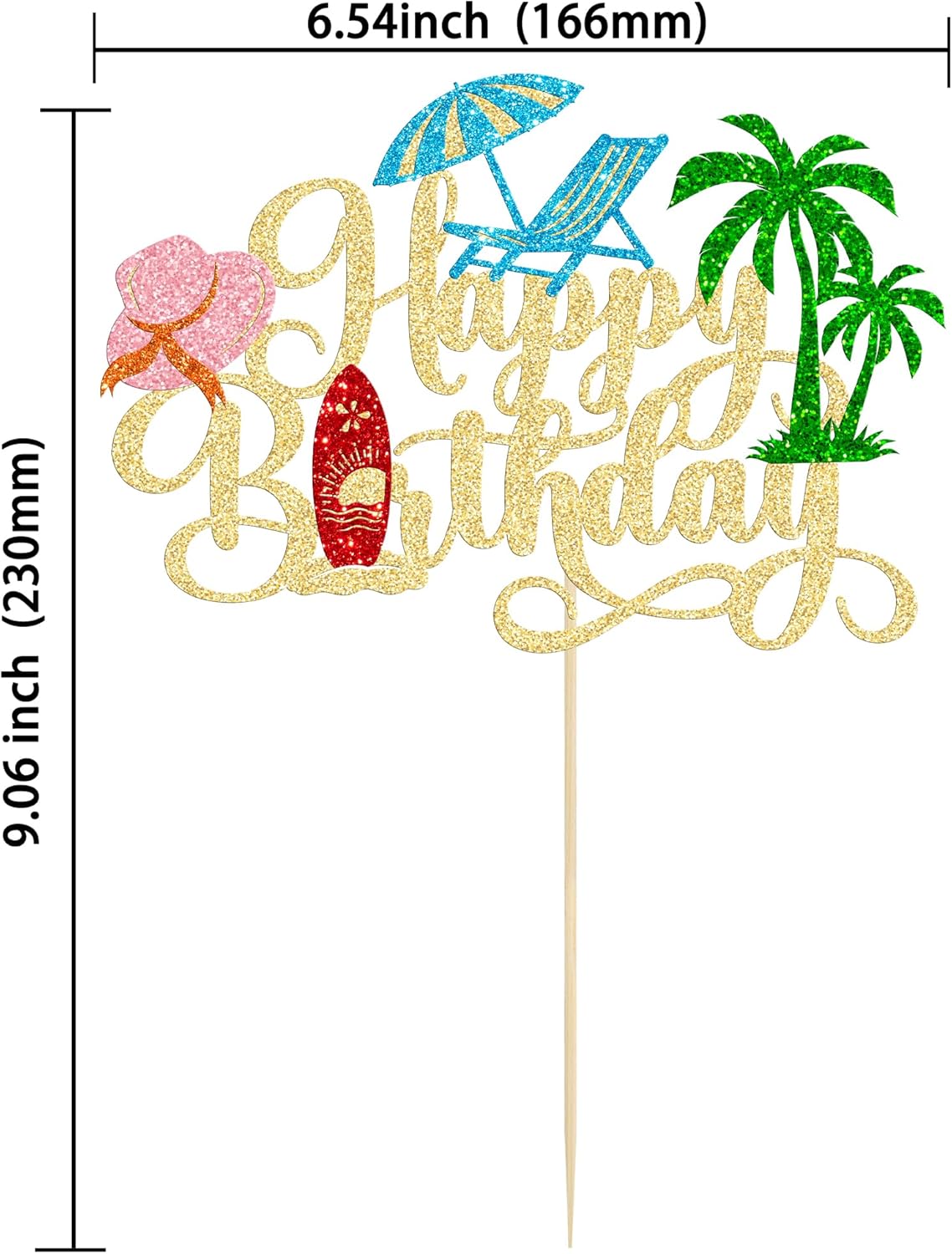 Gyufise 1Pcs Summer Beach Happy Birthday Cake Topper Glitter Ball Tree Umbrella Pool Cake Pick for Hawaiian Holiday Baby Shower Birthday Party Cake Decorations Supplies Gold