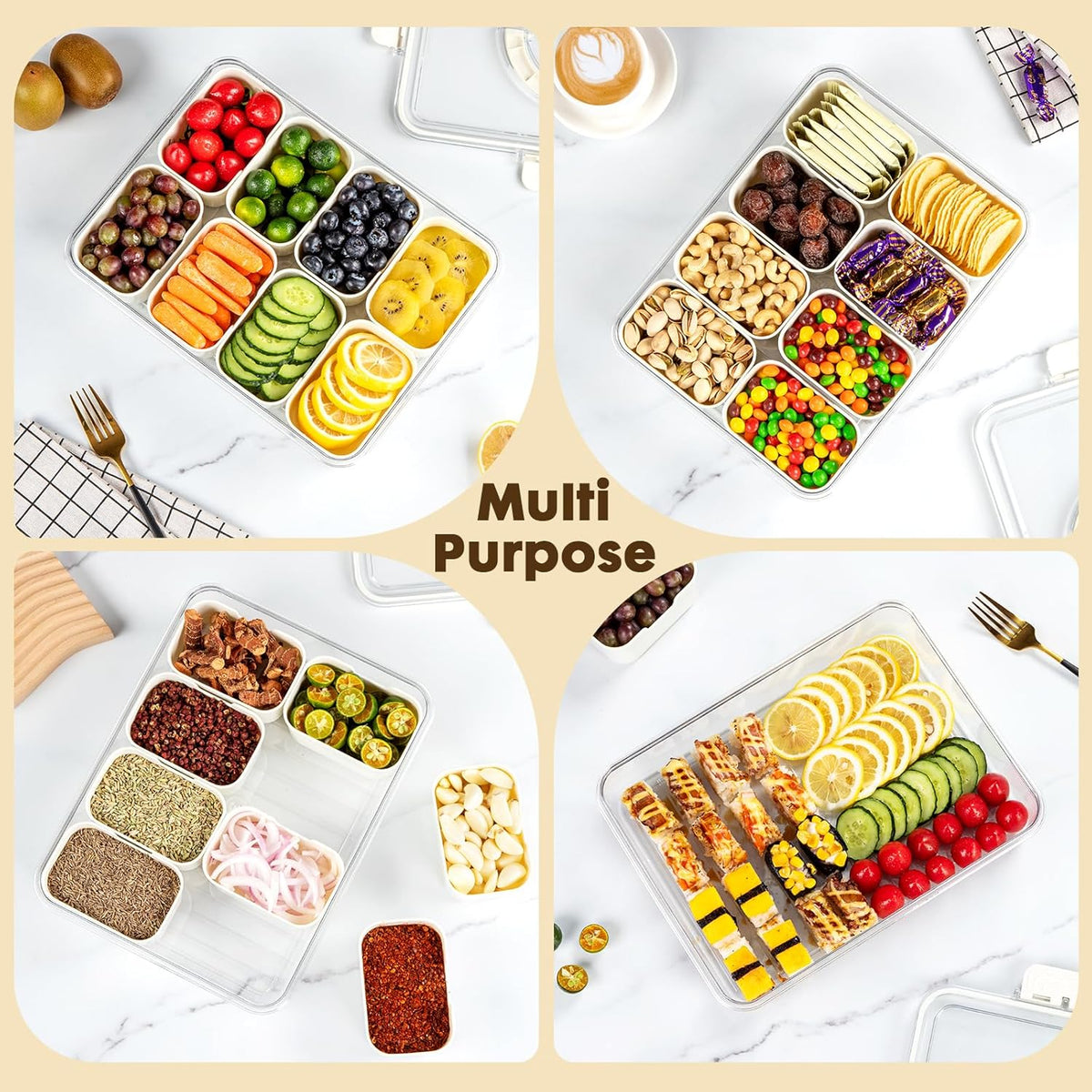 Divided Serving Tray with Lid and Handle,Portable Snack Box Container Snack,Veggie Tray Charcuterie Boxes Fruit Tray Candy Organizer for Entertaining,Party,Picnic,2Pack