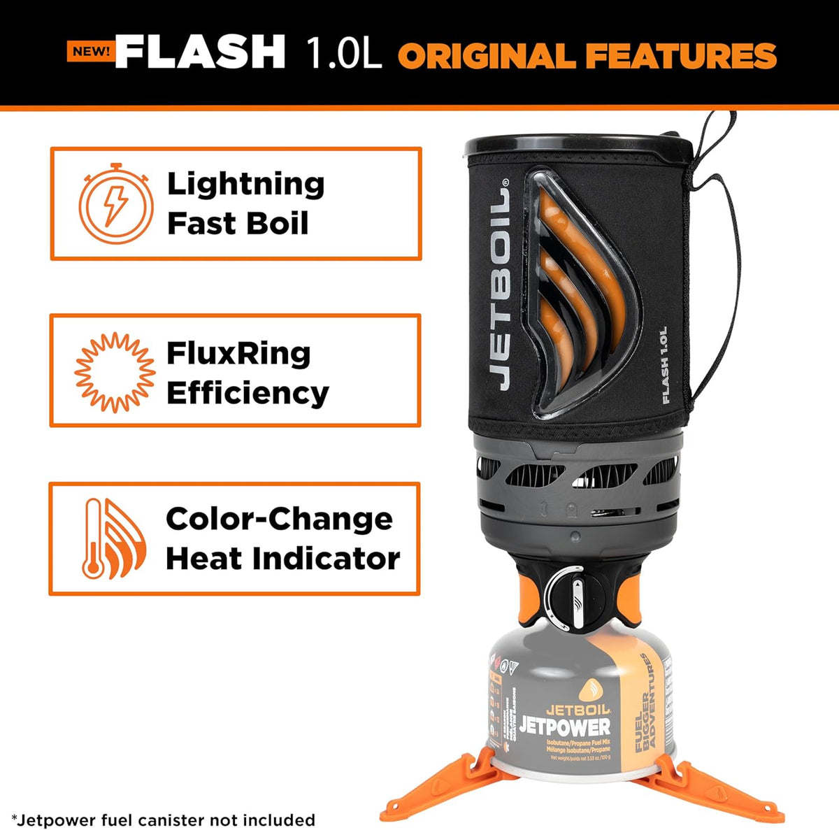 Jetboil Flash 1.0L Portable Fast Boil Stove for Camping and Backpacking with 1-Step Auto Ignition, New for 2025, Propane/Isobutane Burner with Cooking Cup