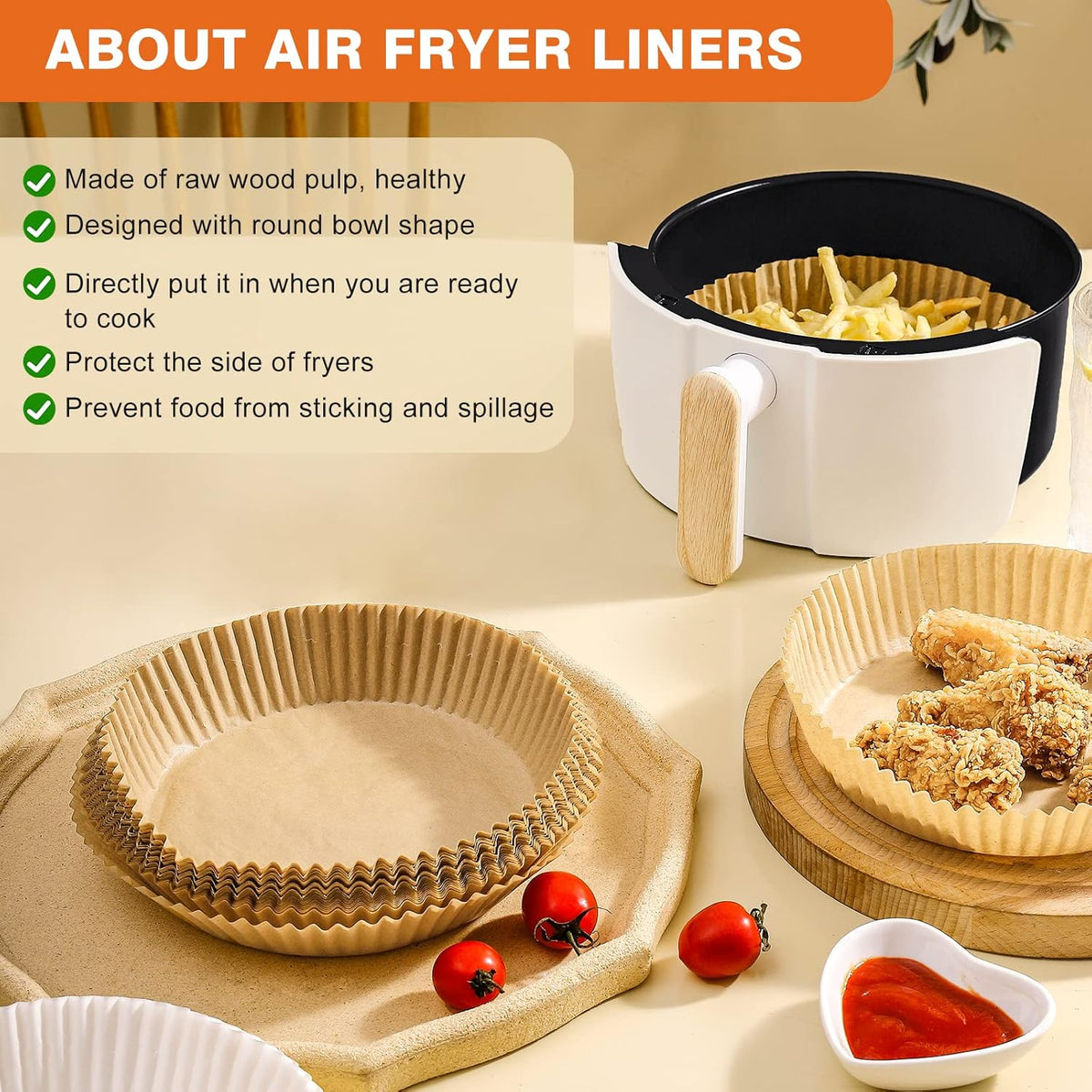 Vailnd Disposable Air Fryer Paper Liners, 9 Inch Max Xl Large Cooker Airfryer Parchment Paper Liners, 100Pcs Oil Proof Round Basket Bowl Liner Baking Paper for 8-12 QT Air Fryer Microwave