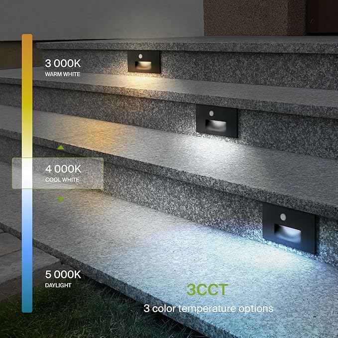 ASD LED Recessed Step Light Fixture, Outdoor & Indoor Stair Tread Lighting | 3CCT, Motion Sensor, Waterproof, ETL Listed | 3W 120LM 3000K-5000K 120V | Staircase Hardwired Illumination | Black, 12 Pack