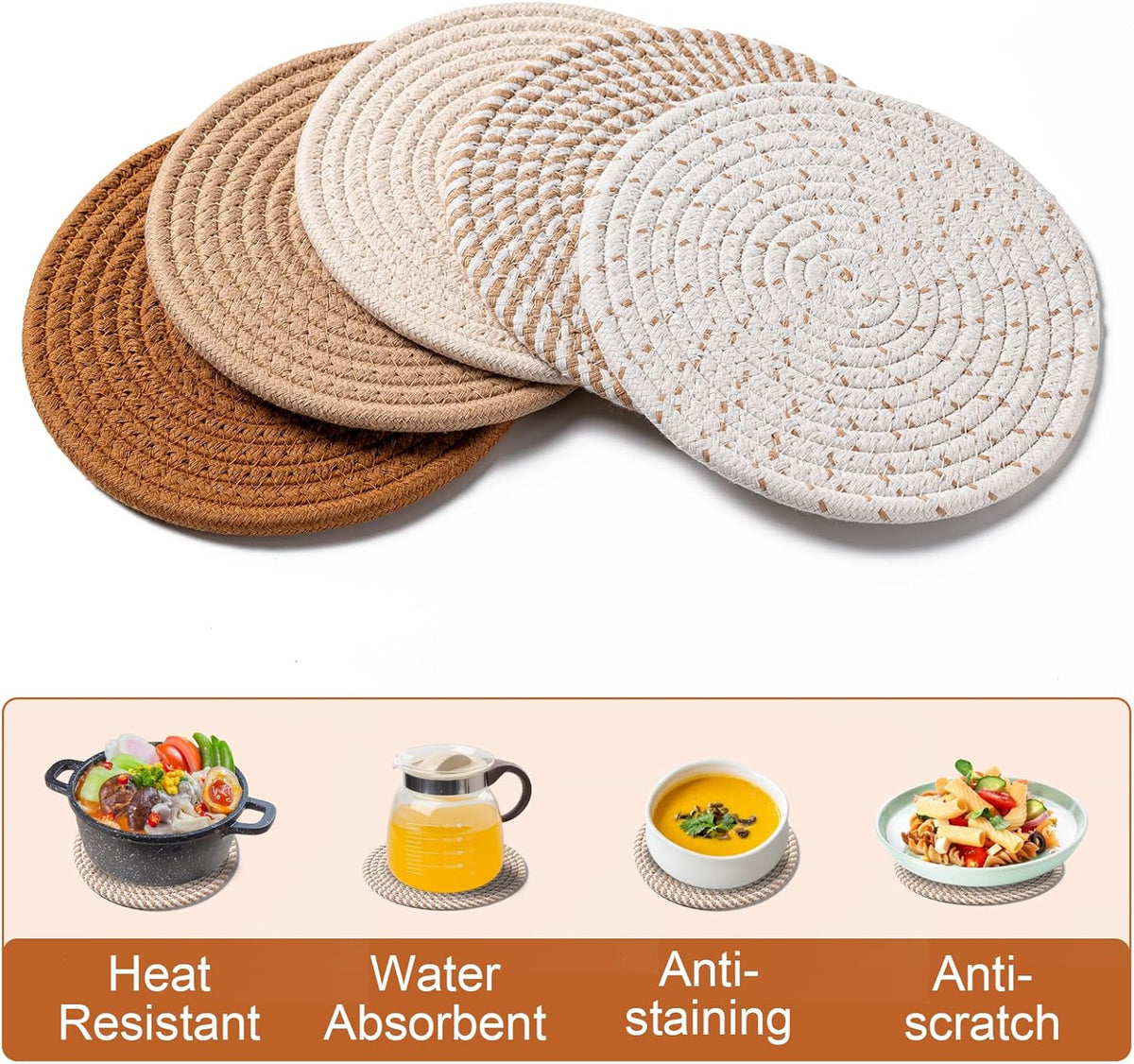 7 Inch Trivets for Hot Dishes, Pots and Pans, 5 Heat Resistant Pot Holders for Kitchen, Home Essentials, Hot Pads for Countertop and Table, Farmhouse Decor Vase Mats, Brown