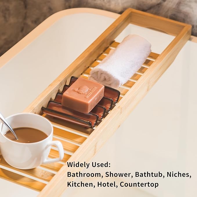Bathroom Soap Dish for Shower, Bar Soap Holder with Self Drain, Ceramic Soap Saver Tray for Bathroom Sink, Kitchen Counter, Drain Fluted Design to Lift Soap Keep Dry, Red