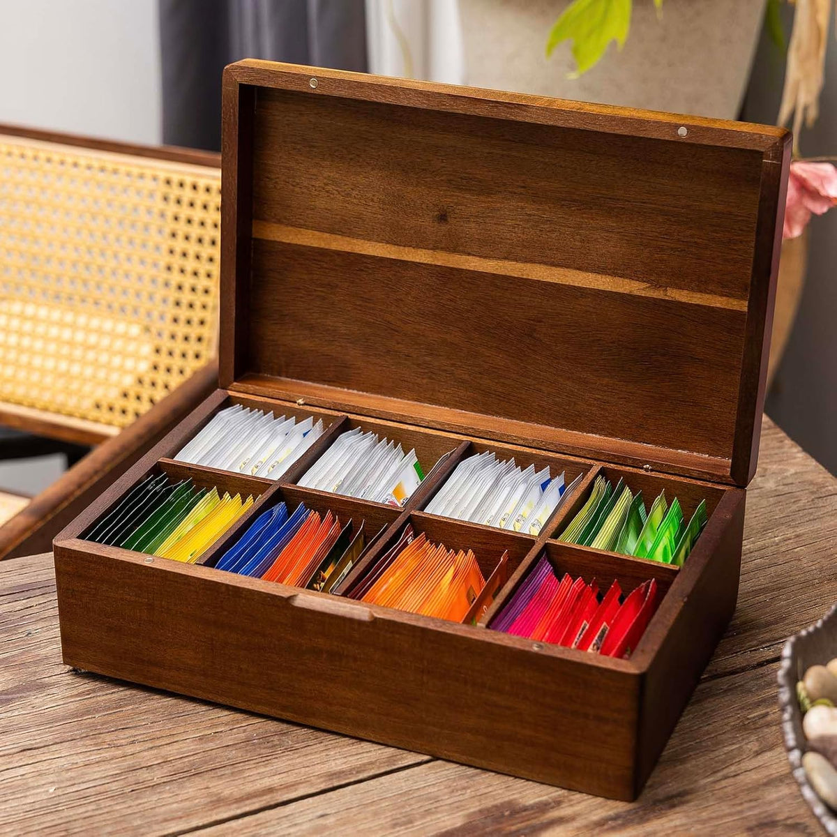 Acacia Wooden Tea Bag Organizers, Tea packet Storage Boxes, Tea Caddy for Tea Bags Chest, Teabag Holder Containers, Teabox Station Display, Organizador De Tes Caja Para Te, 8 Compartments