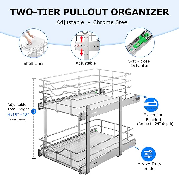 WelFurGeer 2-Tier Stainless Steel Pull Out Cabinet Organizer, Soft Close Damping Slides, Heavy Duty Chrome Plated Wire Basket with Shelf Liner, Perfect for Kitchen Cabinets, Pantry Storage, Under Sink