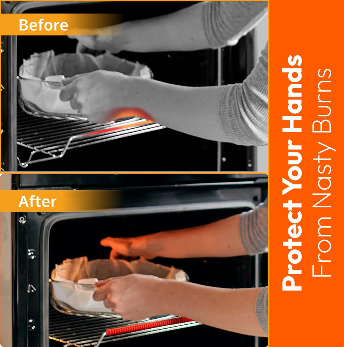 Oven Liners for Bottom of Oven Black (2-pack) Bundled with Rack Shield (2-pack) - Large Mat for Bottom of Range (17"x 25") and 14" Orange Stove Guards for Racks - Reusable & Heat Resistant