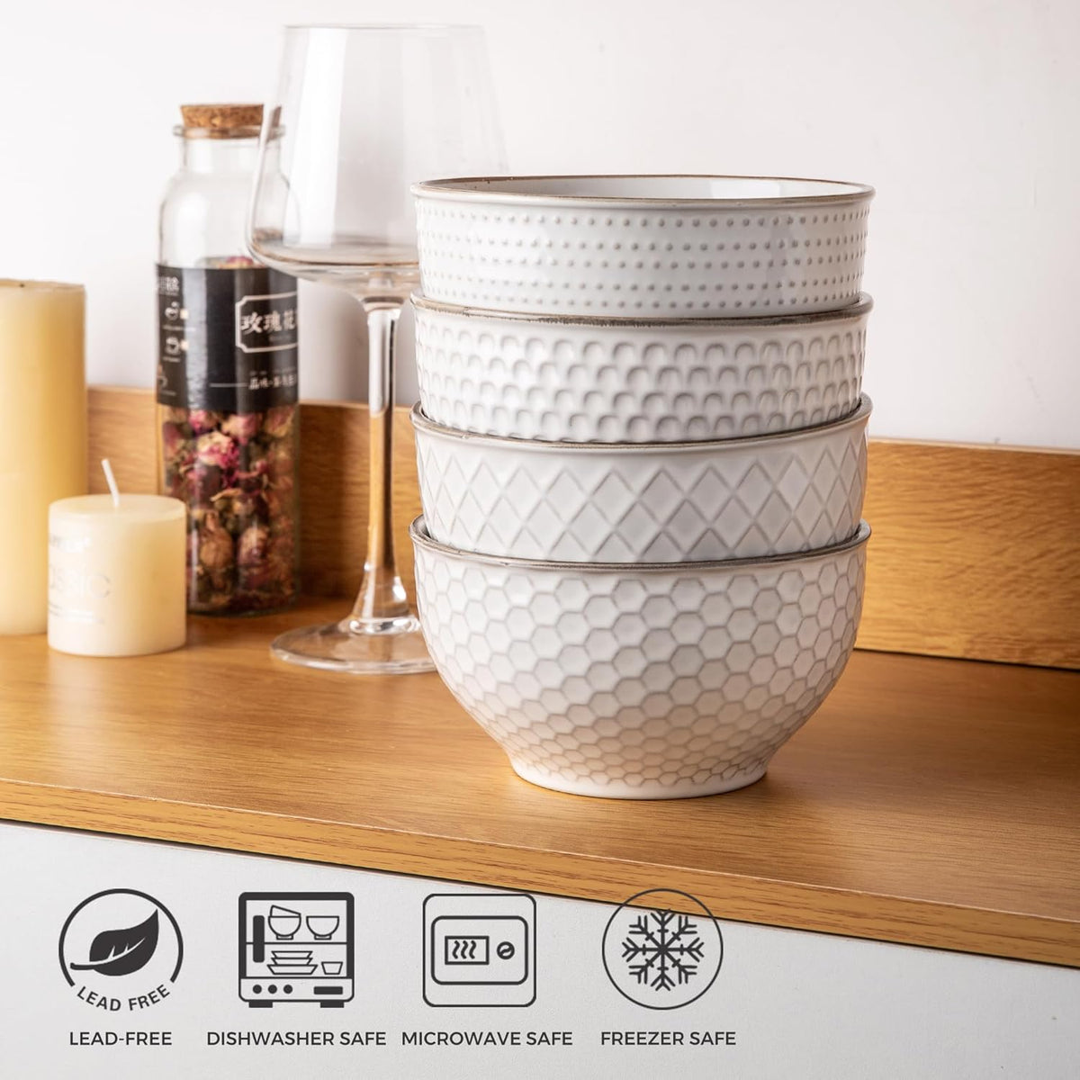 GBHOME Stoneware Cereal Bowls Set of 4, 24 oz Ceramic Soup Bowls with Texture Patterns for Soup,Oatmeal, Snacks, Perfect Bowls for Wedding, House-warming Gift-Off White
