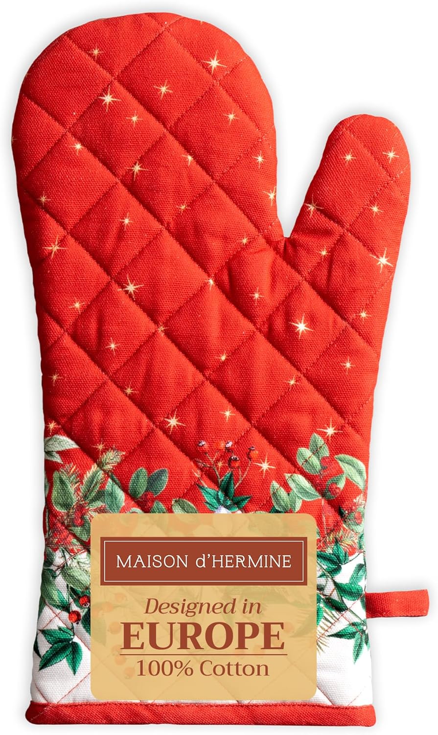 Maison d' Hermine Oven Gloves 100% Cotton Oven Mitt 7" x 13" with Loop Heat Resistant, BBQ, Cooking Gloves, Baking, Grilling, Kitchen, Handling Hot Pans (Pack of 1, Noel)