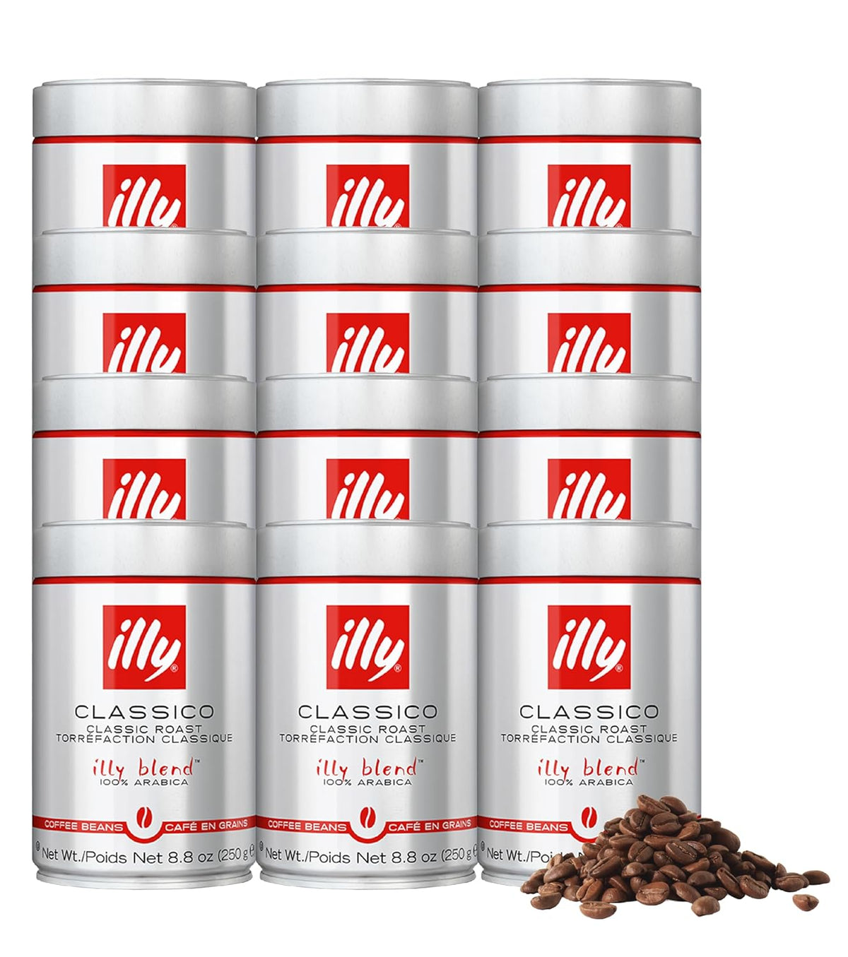 Illy Whole Bean Coffee, Classico Medium Roast - Mild & Balanced - 100% Arabica - Whole Beans - Pressurized Packaging Sealed for Freshness - 8.8oz can (Pack of 12)