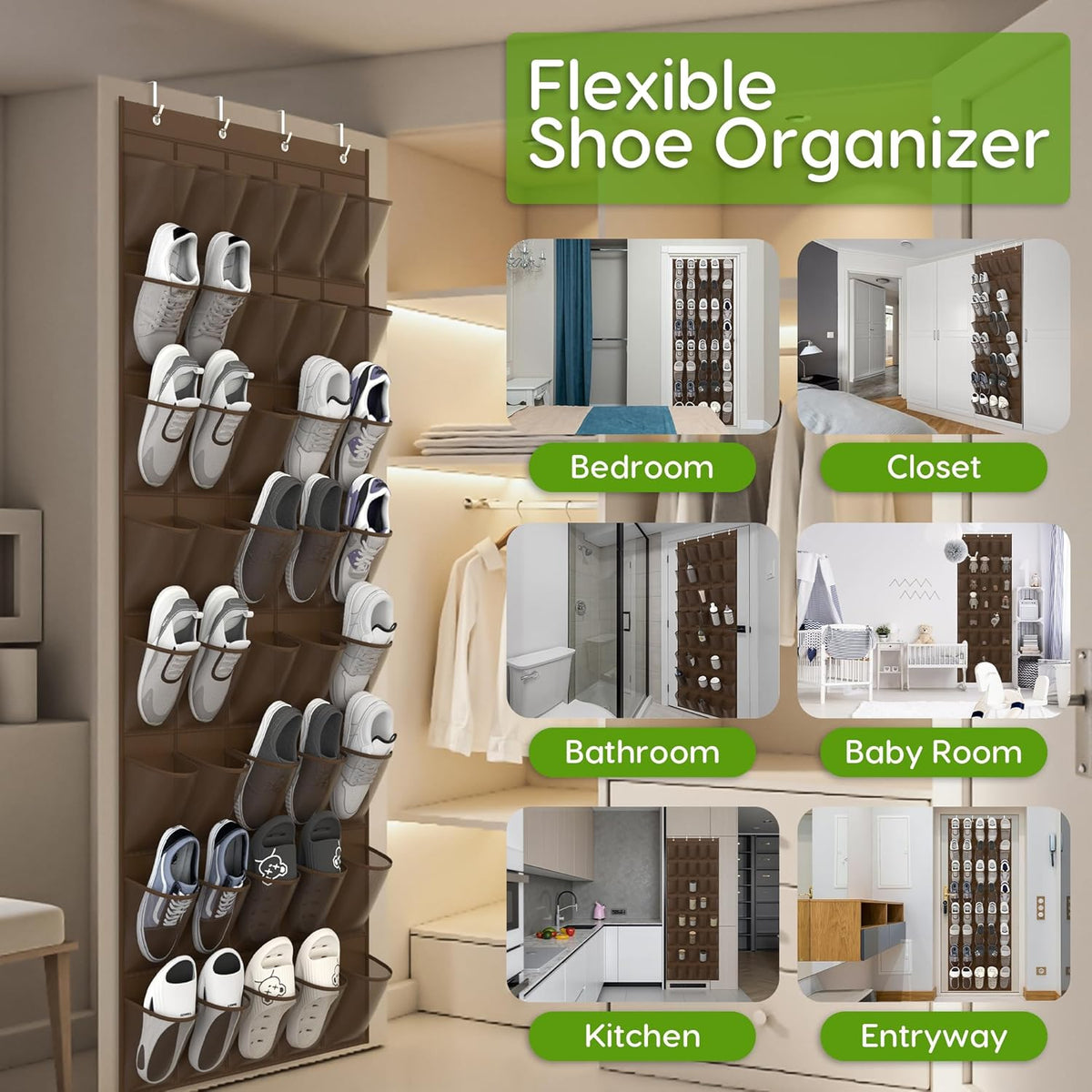 Unjumbly Over the Door Shoe Organizer with 40 Large Breathable Mesh Pockets, Space Saving Shoe Holder, Hanging Shoe Rack for Entryway Bedroom Closet Storage (Brown, 40 Pockets)