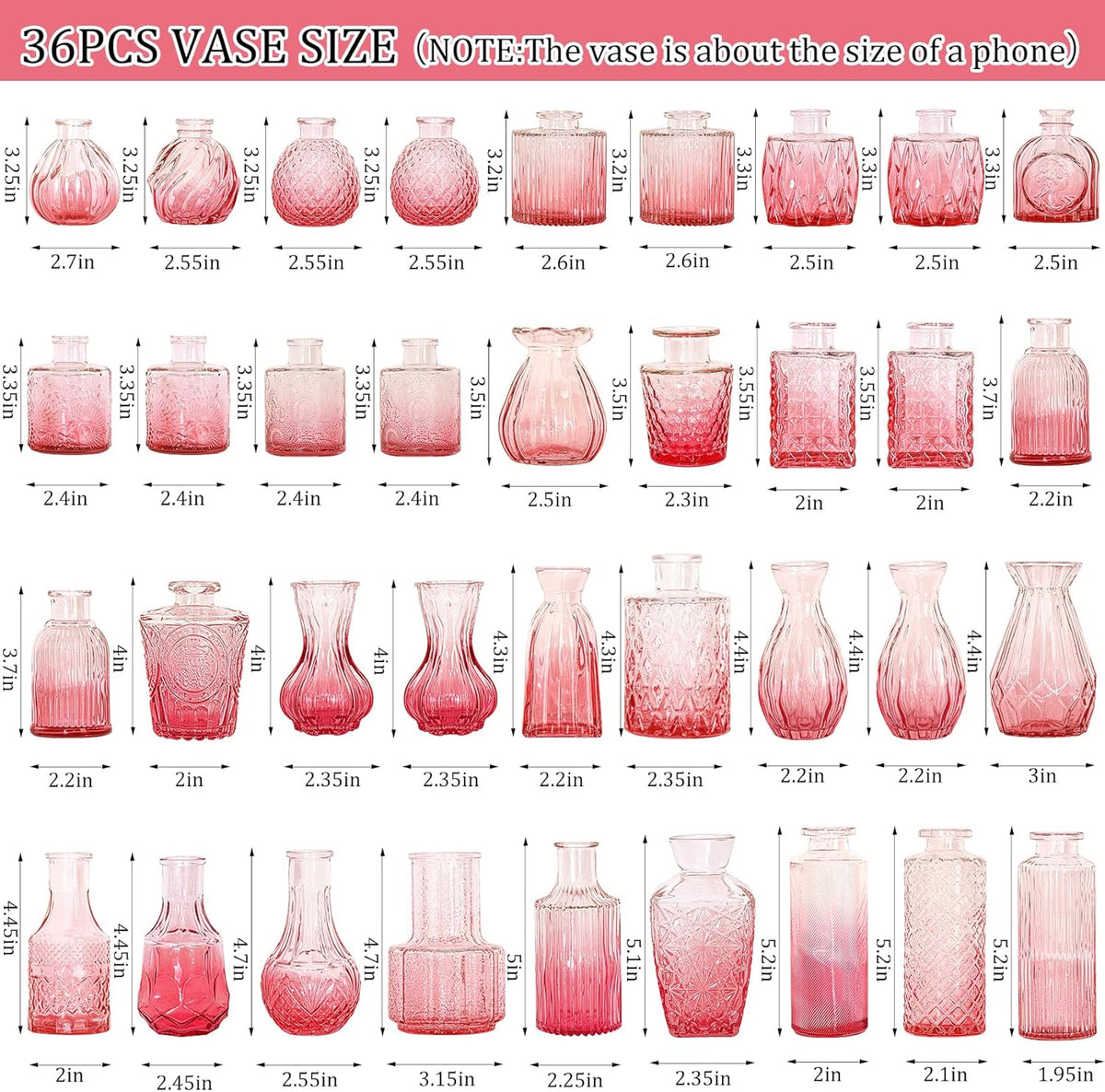 36Pcs Bud Vases Set Small Vintage Glass Bottles Pink Bud Vases in Bulk Multiple Shape Cute Glass Vases for Rustic Wedding Centerpieces Table Decorations and Home Decor(Pink)