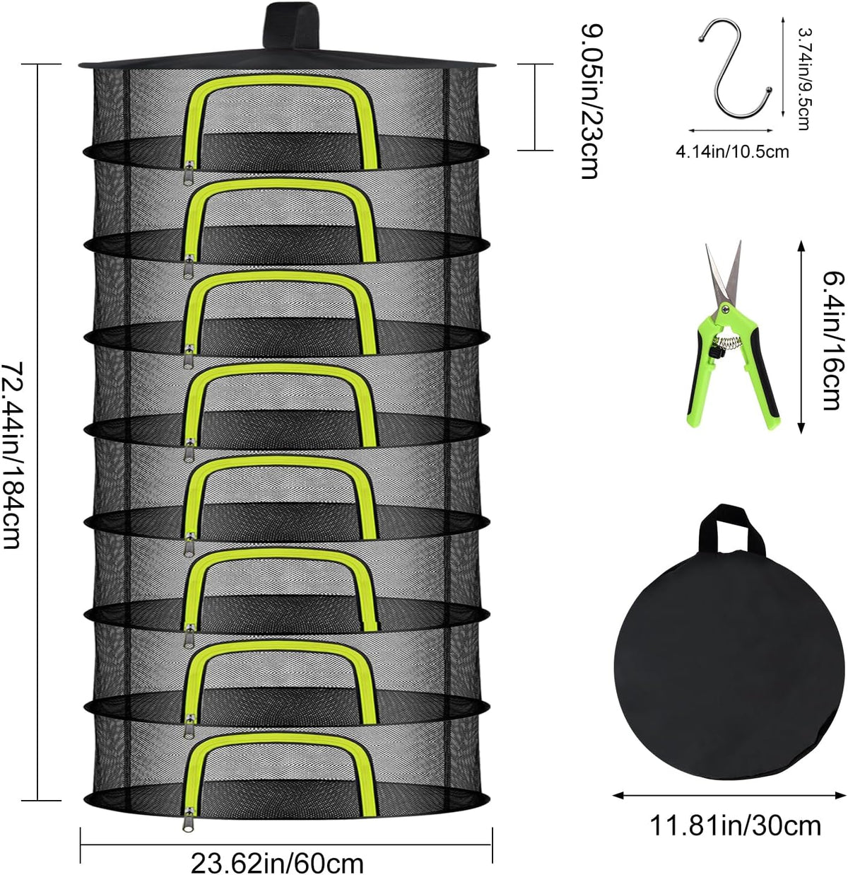 8 Layer Herb Drying Rack, Herb Drying Rack Hanging Mesh, Foldable Grass Drying Rack With U-Shaped Zipper, Garden Scissors, Hooks, For Drying Herbs Plants, Flowers, Fruits, Food(8 Layers-23.62'')