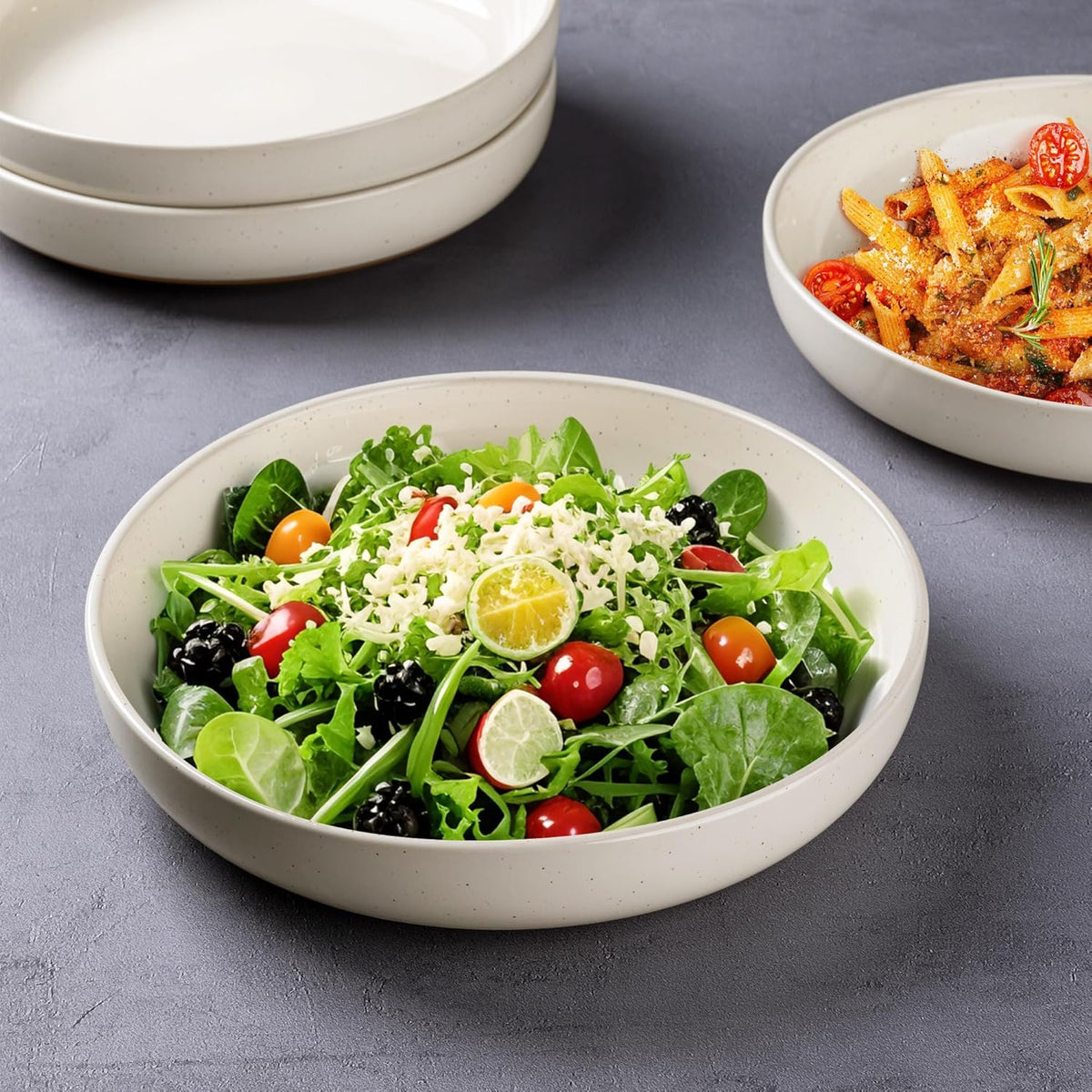 AmorArc 8.75'' Large Ceramic Pasta Bowls, 36oz Handpainted Stoneware Bowls Set of 4, Microwave&Dishwasher Safe Bowls with Wavy Rim&Rustic Terracotta Underside for Pasta Salad, Light Beige