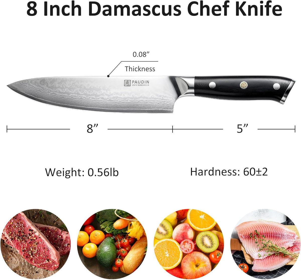 PAUDIN Damascus Chef Knife, 8 Inch Kitchen Knife, 67 Layers Damascus Steel Knife Japanese VG10 Core, Professional Chefs Knife with Ergonomic G10 Handle