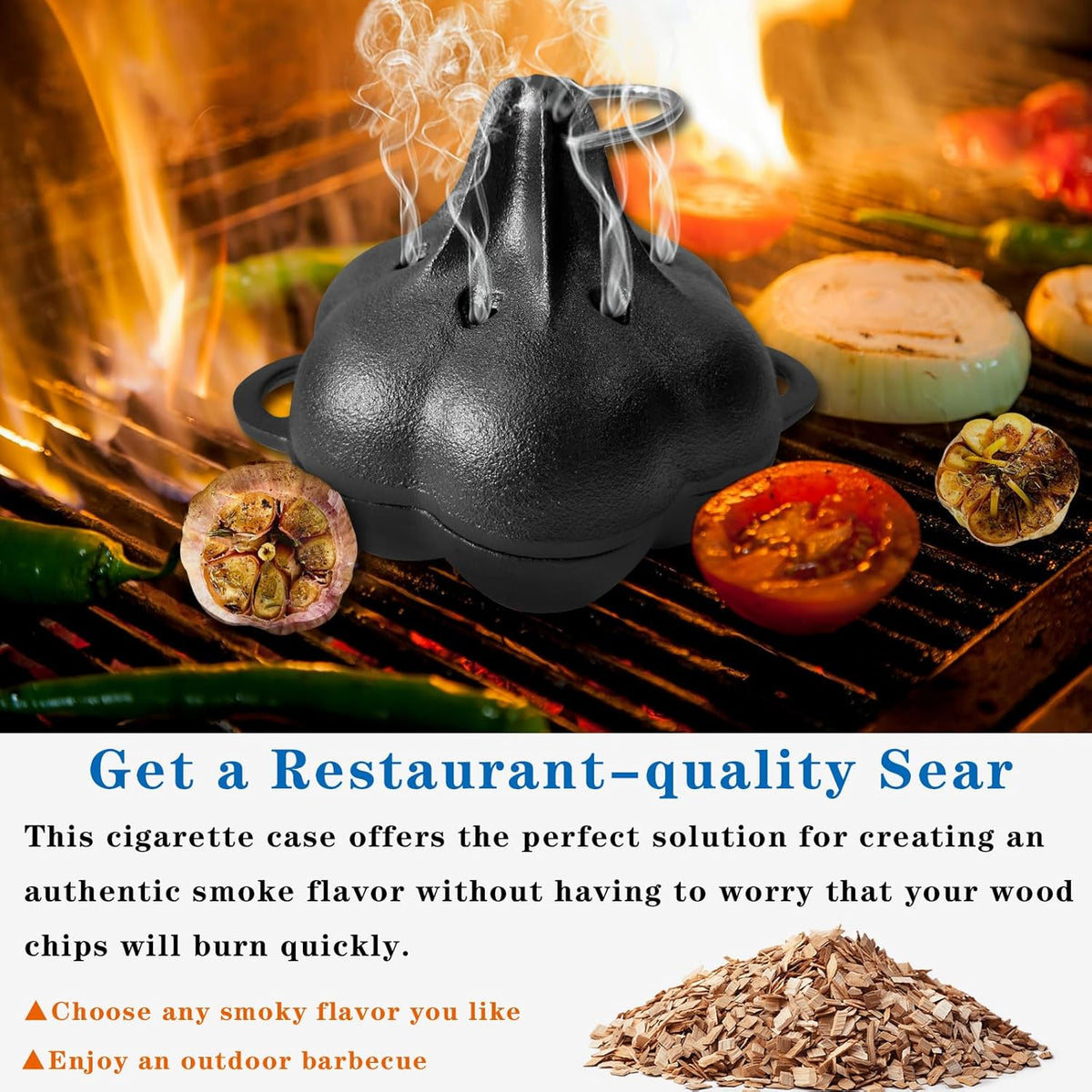 Cast Iron Smoker Roaster & Garlic Roster Baker, Smoker Box, Pre-Seasoned Cast Iron Garlic Roaster for Grill, Perfect for BBQ and Oven, for Smoky, Flavorful Vegetables, Meats or Wood Chips