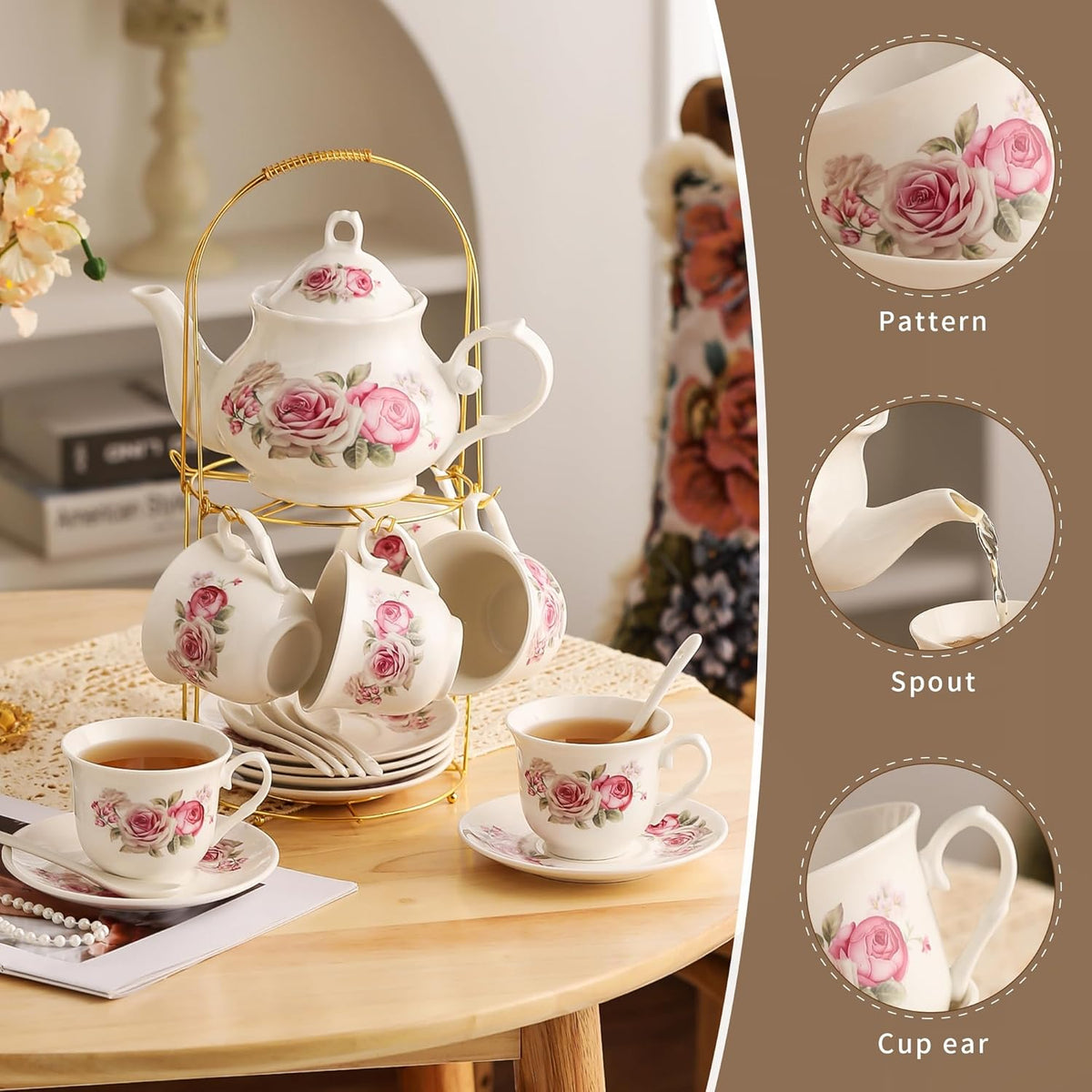 20-Pieces Tea Set For Adult with Golden Metal Rack,Porcelain Tea Sets For Women,Tea Gift Sets for Home&Party(016)