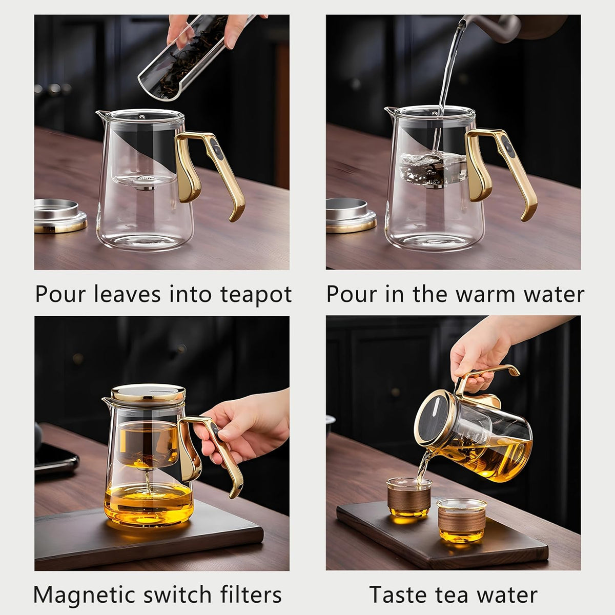 YJX Magnetic Glass Teapot, 25.4oz Small Enchanted Brewing Tea Pot, Witchcraft Magic Borosilicate Tea Set with Strainer for Loose Leaf or Herbal, Exquisite Kettle Gift for Tea Lovers(Golden)