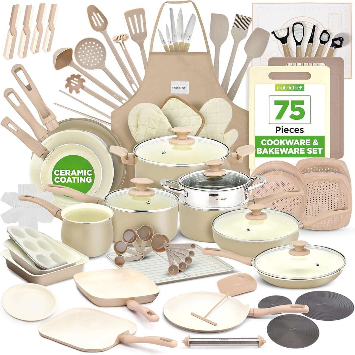 NutriChef 75-Piece Non-Stick Pots and Pans Set, Complete Ceramic Cookware Set with Bakeware, Utensils, Knife Set, & Accessories, Stain-Resistant, Food-Grade Safe, Cream/Brown