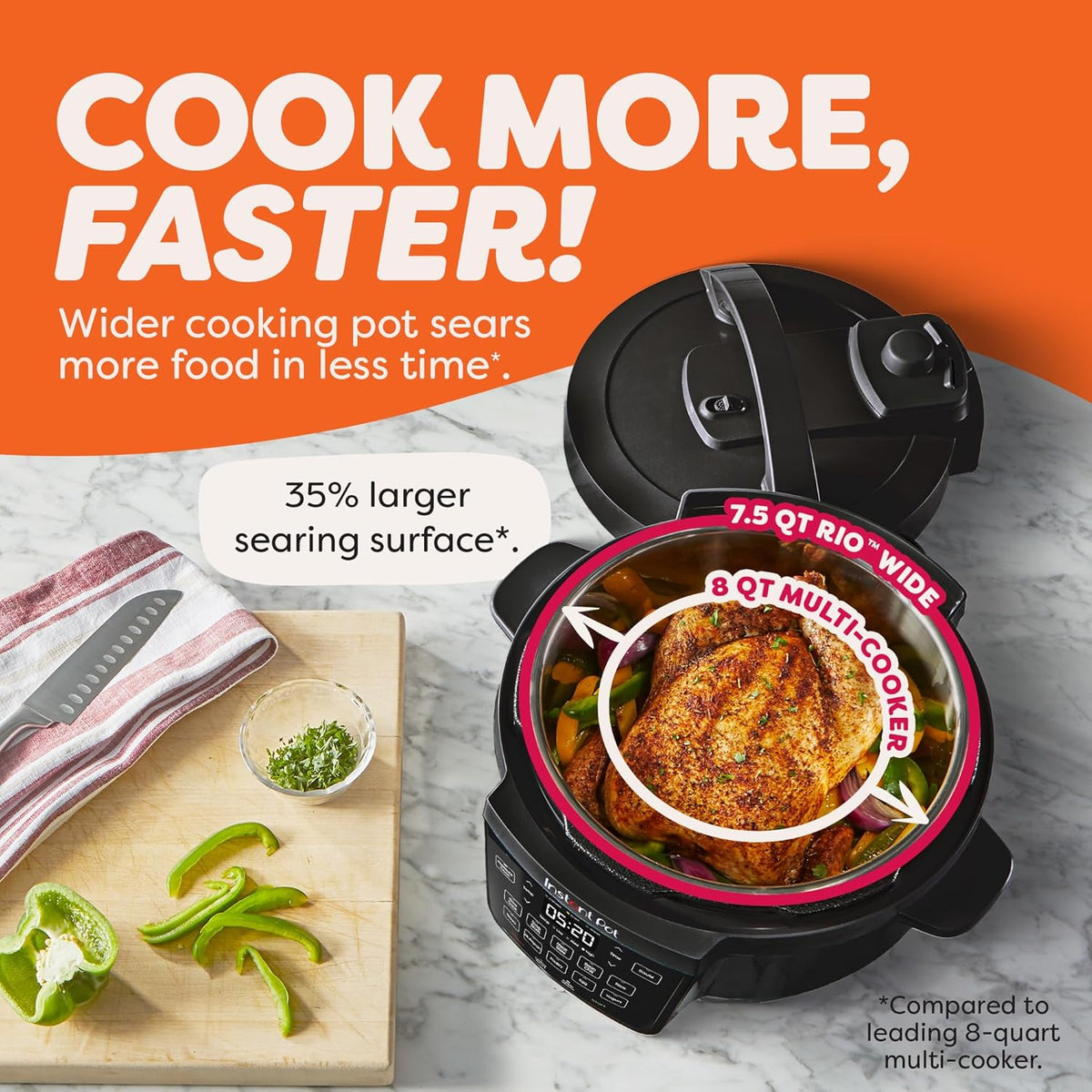 Instant Pot 7.5QT RIO Wide, 7-in-1 Electric Multi-Cooker, Pressure Cooker, Slow Cook, Rice, Steamer, Sauté, Yogurt & Warmer, Wide Base, Large Searing Base, WhisperQuiet Steam Release