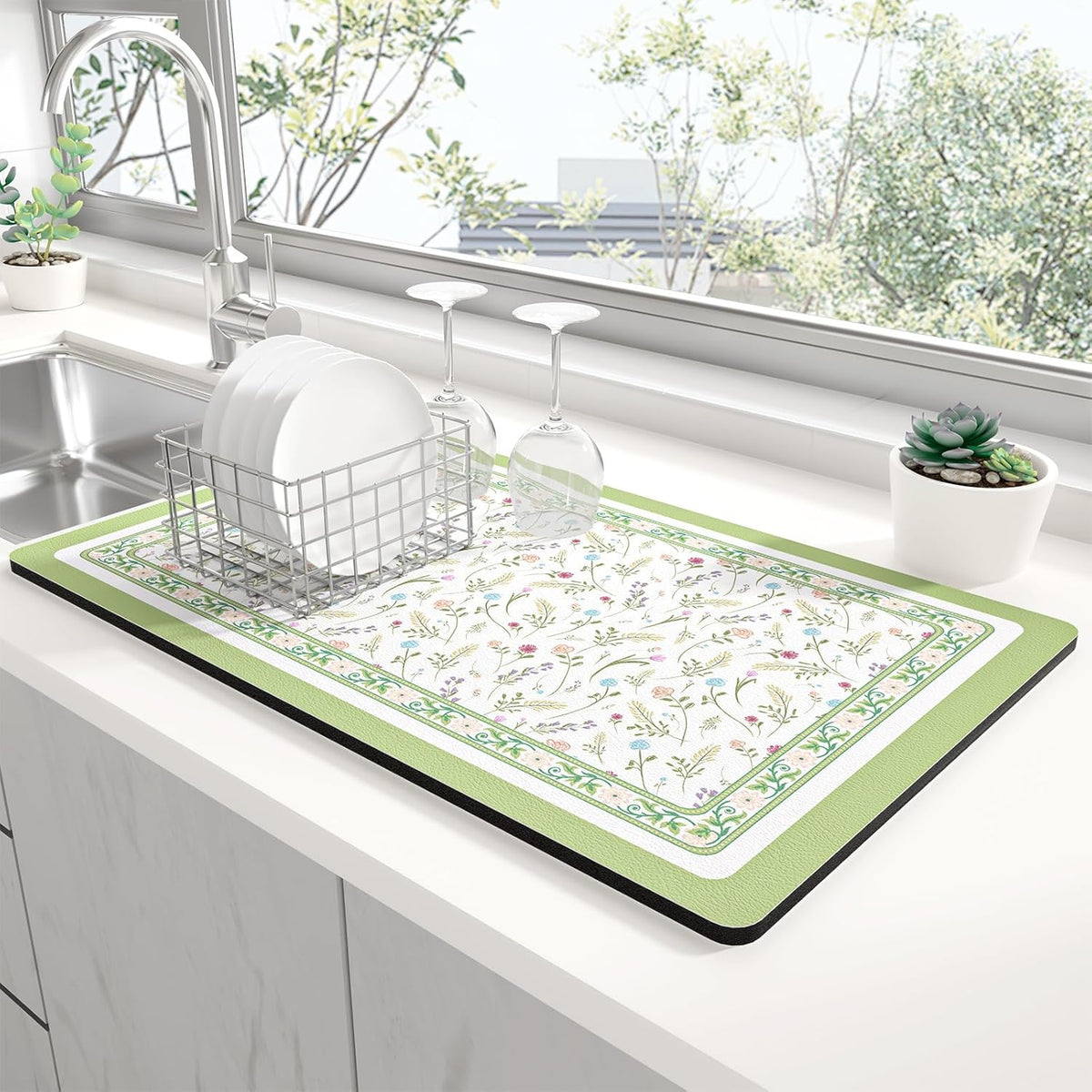 Rnivvi Dish Drying Mat for Kitchen Counter, 12 x 19" Cute Flower Theme Super Absorbent Draining Pad, Non-Slip Heat Resistant Coffee Bar Mat for Coffee Machine Station Accessories, Green Dish Rack Pad