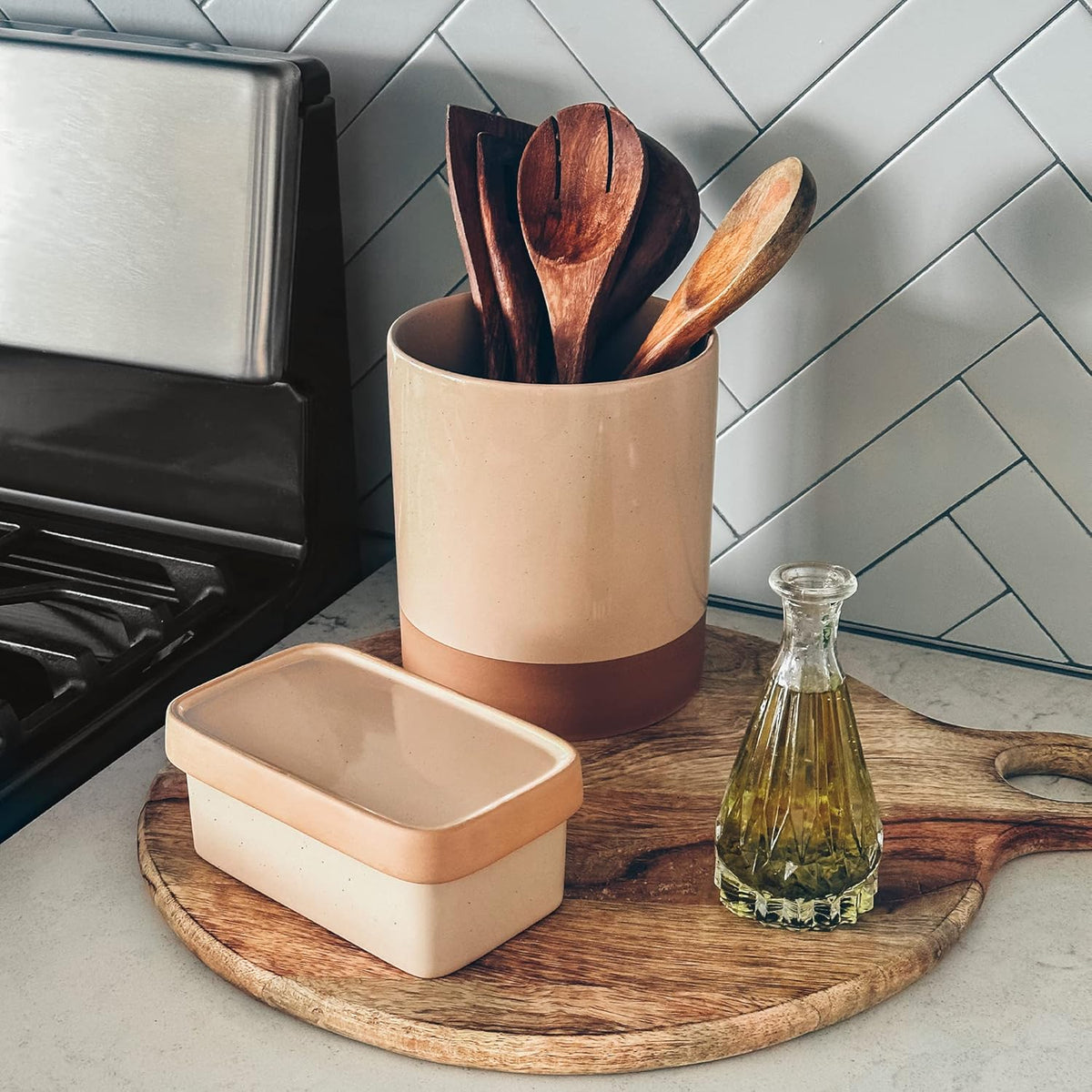 Mora Ceramic Two-in-One Butter Dish with Lid, Covered Butter Crock Container to Leave on Countertop - Large Storage Keeper/Holder for Kitchen, Gifts for Her, Butter Tray For Counter - Chai