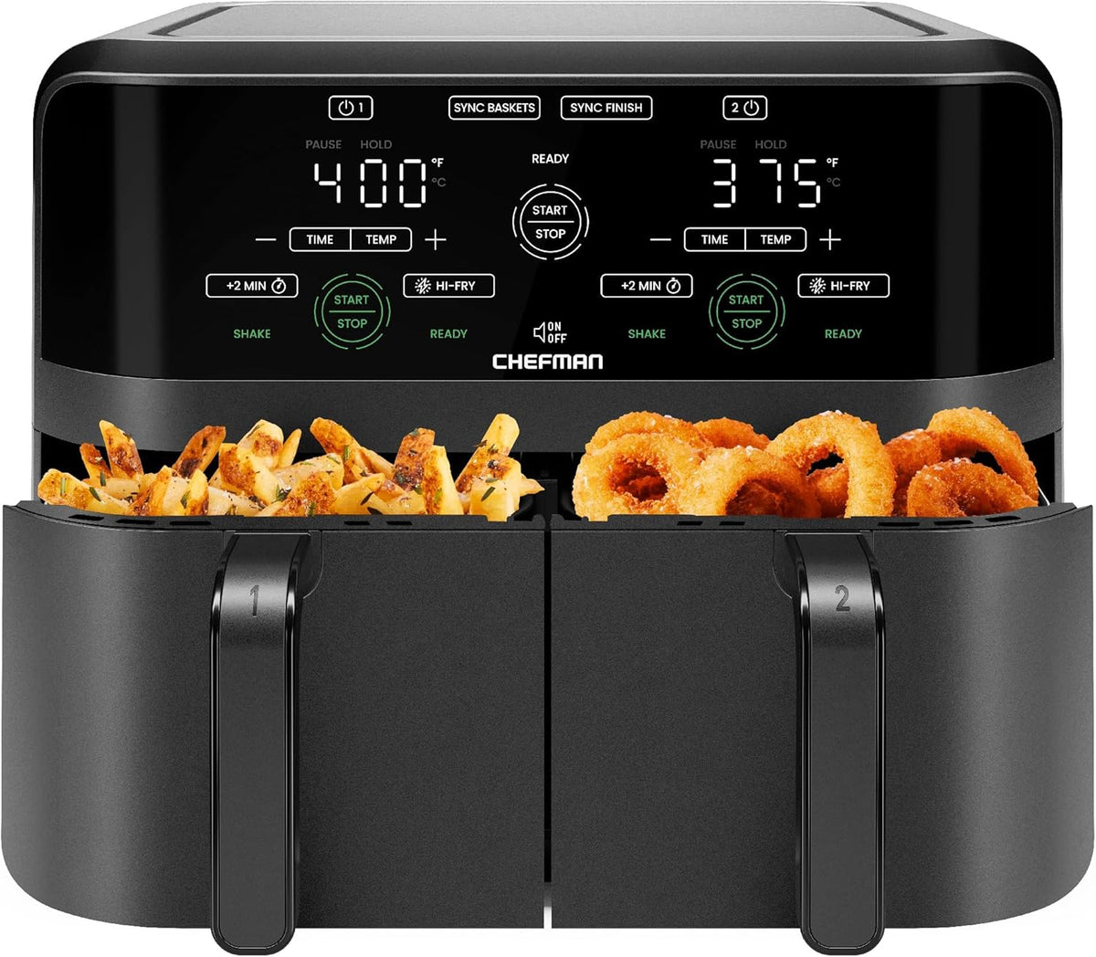 Chefman 6 Quart Dual Basket Air Fryer - Digital Touchscreen, Smart Sync Finish, Hi-Fry, Auto Shutoff, 2 Independent 3QT Nonstick Dishwasher-Safe Frying Baskets - Digital Double Air Fryer - Black