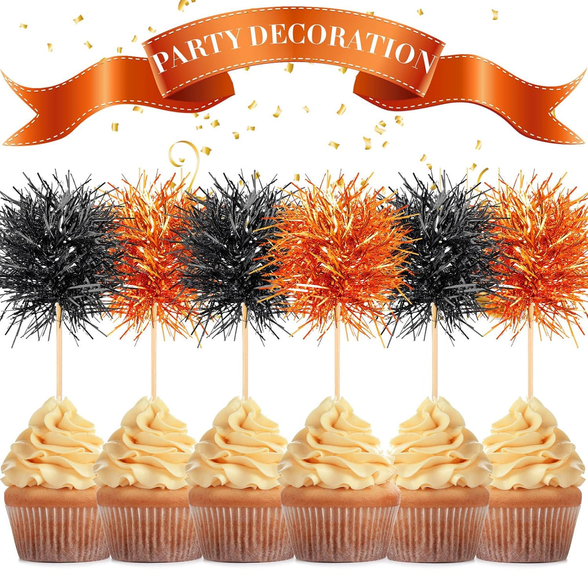 Chinco 100 Pcs Foil Firework Cupcake Toppers Sparkle Tinsel Cake Toppers Cake Decoration Cocktail Fruit Toothpick for Birthday Wedding Graduation Party(Orange, Black)