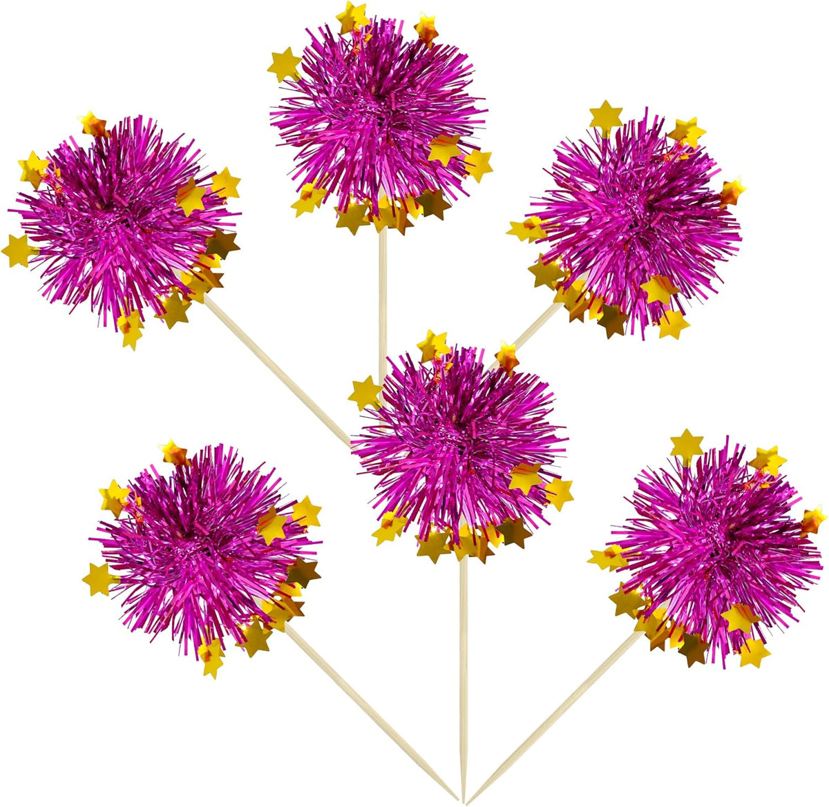 Ephlyn 30Pcs Foil Firework Cupcake Toppers Party Birthday Cake Toppers Supplies Sparkle Tinsel Cocktail Fruit Toothpick for Birthday Wedding Graduation Party Purple