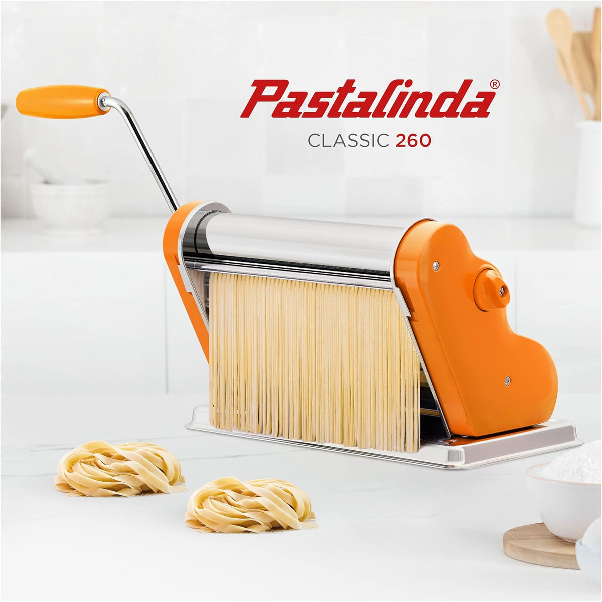PASTALINDA Classic 260 Pasta Maker Machine, 26 cm Wide Rollers, 9 Thickness Positions, 2 Cutting Positions, Stainless Steel. Includes Reinforced Hand Crank And Two Clamps (Orange)