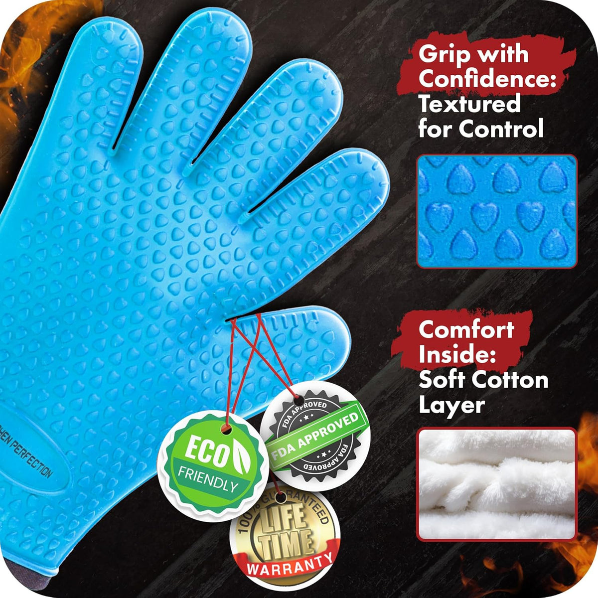 KITCHEN PERFECTION S Silicone Smoker Oven Gloves -Extreme Heat Resistant BBQ Gloves -Handle Hot Food Right on Your Grill Fryer Pit|Waterproof Oven Mitts |Superior Value Set+3 Bonuses
