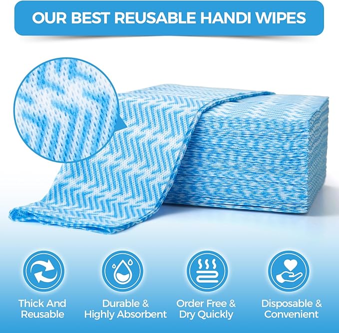 Handi Wipes Reusable Cloths Disposable Cleaning Towels Dry Kitchen Wipes Reusable Dish Towel Washcloths Dry Fast Multi-Purpose Heavy Duty Towels, Thick and Absorbnet, Blue, Pack of 120