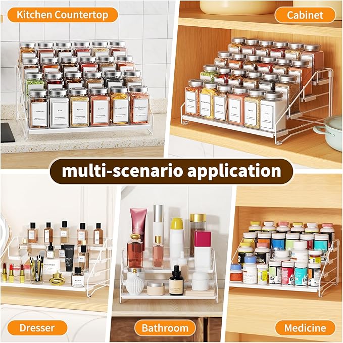 Tiered Spice Rack, 4 Tier Spice Shelf Organizer for Cabinet, Spice Rack Organizer, Depth Adjustable Seasoning Rack Organizer for Cabinet, Countertop, Pantry, Metal, White (1 Pack)