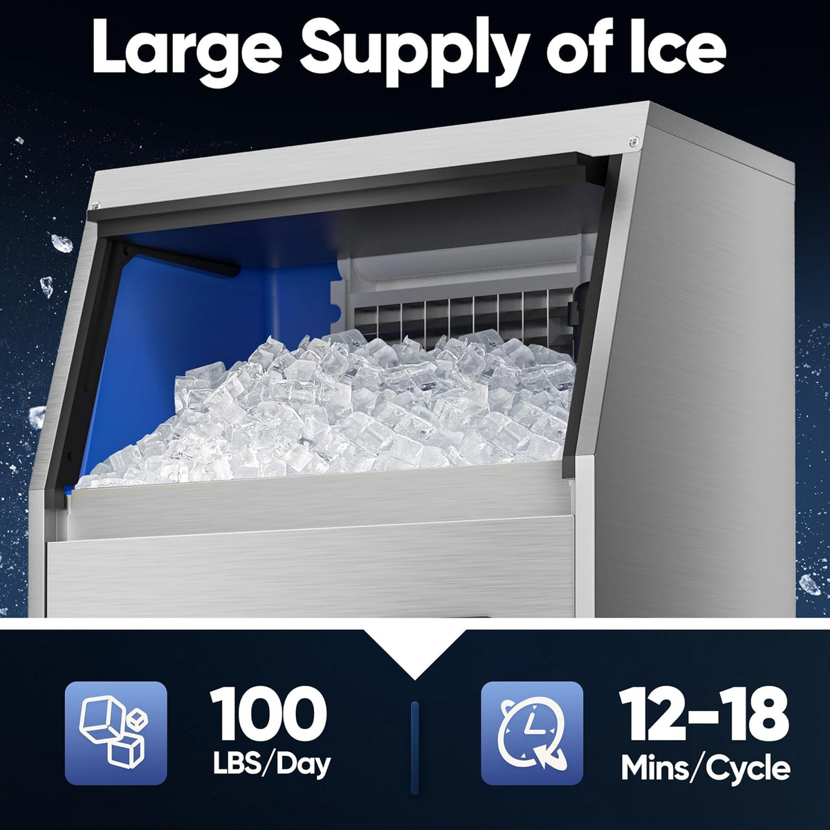 Commercial Ice Maker Machine, 100LBS/24H Stainless Steel Under Counter Ice Maker with 34LBS Ice Bin, Freestanding Ice Machine for Restaurant, Home, Bar, Office, School, Party