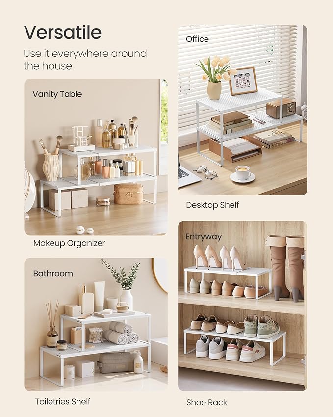 SONGMICS Spice Racks, Set of 2 Expandable Kitchen Countertop Shelves, Small Cupboard Organizers, Metal, Space-Saving Tabletop Shelves, Matte White UKCS402W01