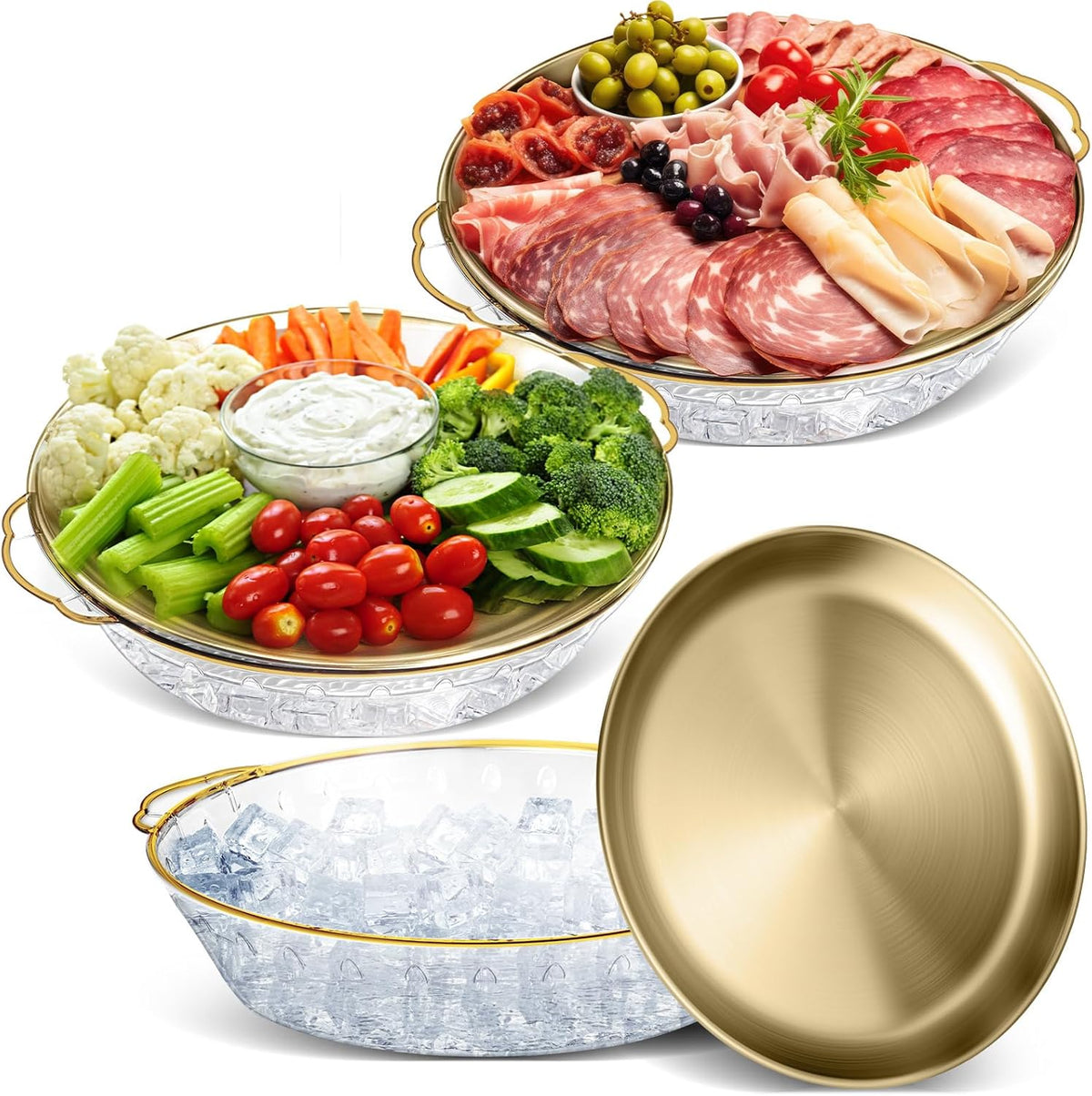 Baderke 3 Set 11.8" Chilled Serving Tray for Parties with Compartments Ice Chilled Party Platter Charcuterie Serving Board Cold Dish Dip for Fruit Seafood Vegetable Shrimp Cocktail (Gold)