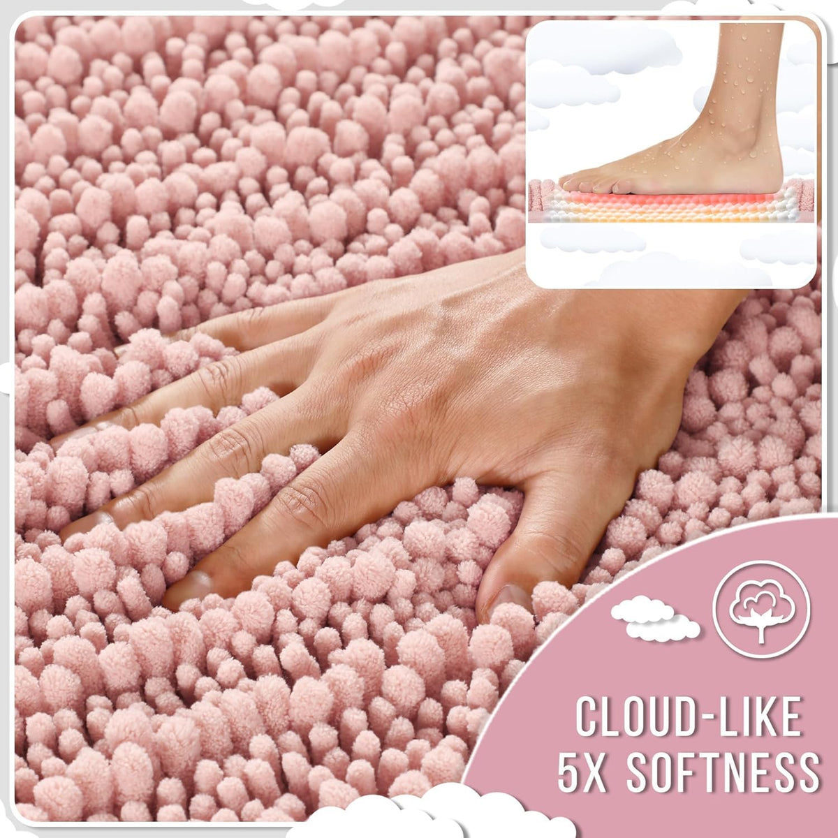 Yimobra Bathroom Rugs Non Slip Washable 24x17 Inch - Ultra Soft Absorbent Chenille Bath Mat, Quick Dry Shaggy Floor Carpet for Tub Shower, Light Pink Home Decor Accessories