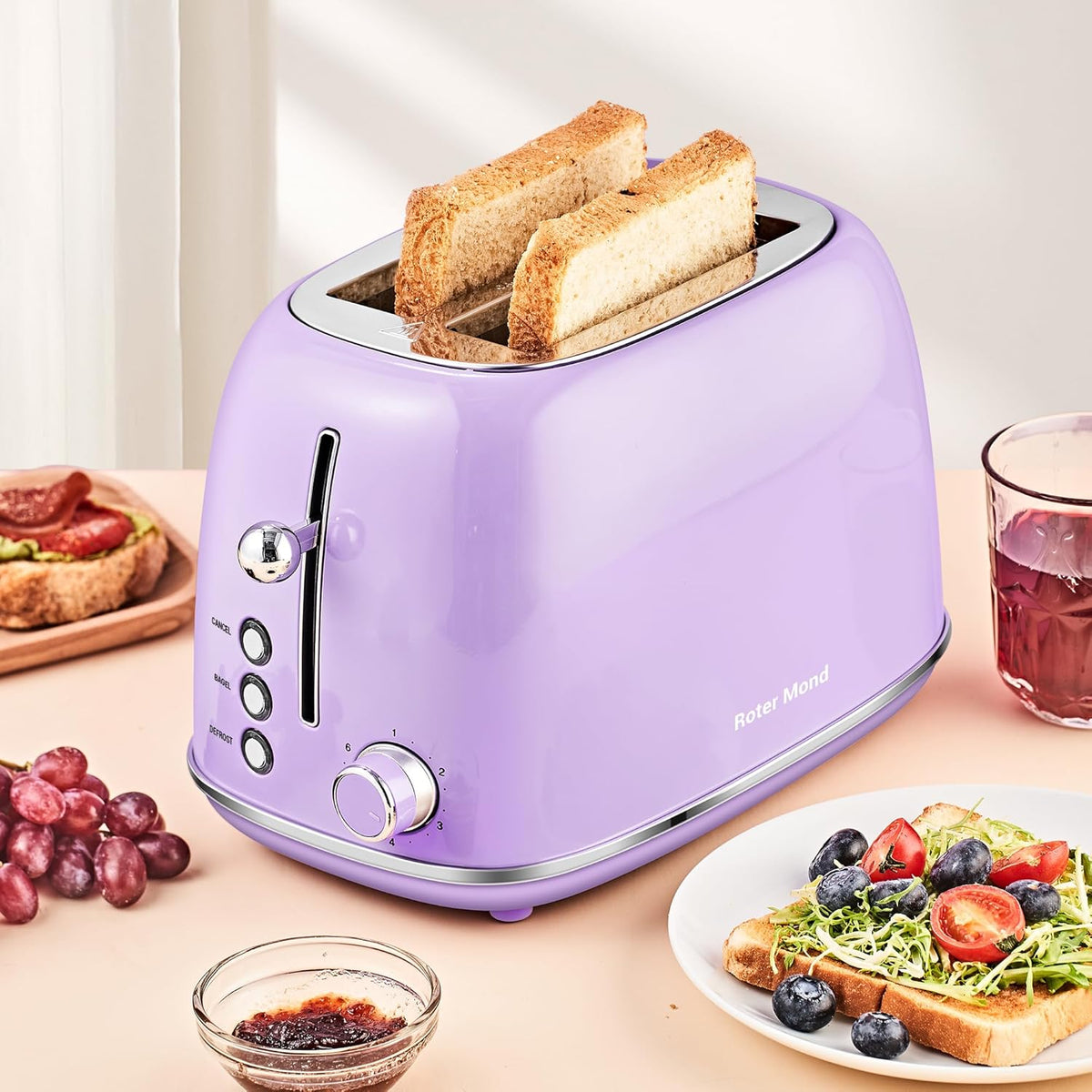 2 Slice Toaster Retro Stainless Steel with Bagel, Cancel, and Defrost Functions, 6 Bread Shade Settings, Extra Wide Slots and Removable Crumb Tray, Lavender-Purple