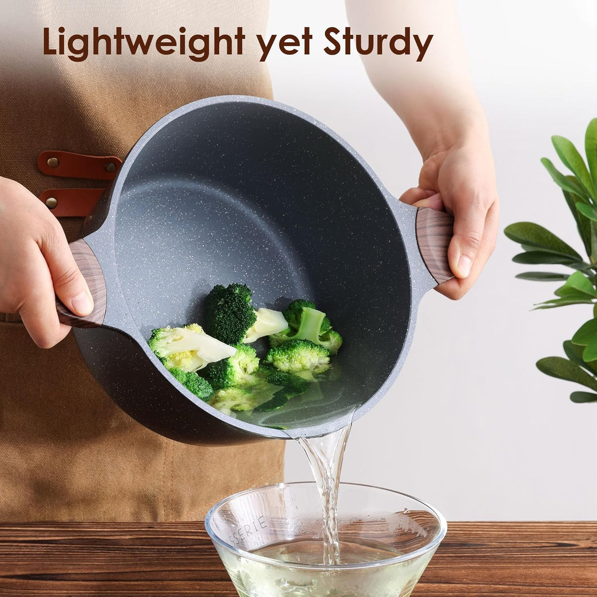 SENSARTE Nonstick Stock Pot with Lid, 4.5 Quart Induction Cooking Pot with Tempered Glass Lid, Stew Pot with Swiss Nonstick Granite Coating, PFOA PFOS APEO Free, Gray