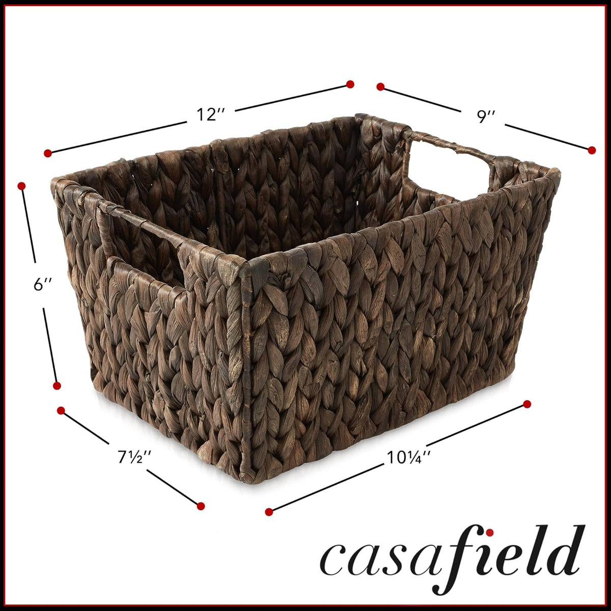 Casafield Set of 4 Water Hyacinth Storage Baskets with Handles - Espresso, Woven Rectangular Storage Bins for Shelves, Blankets, Laundry Organization