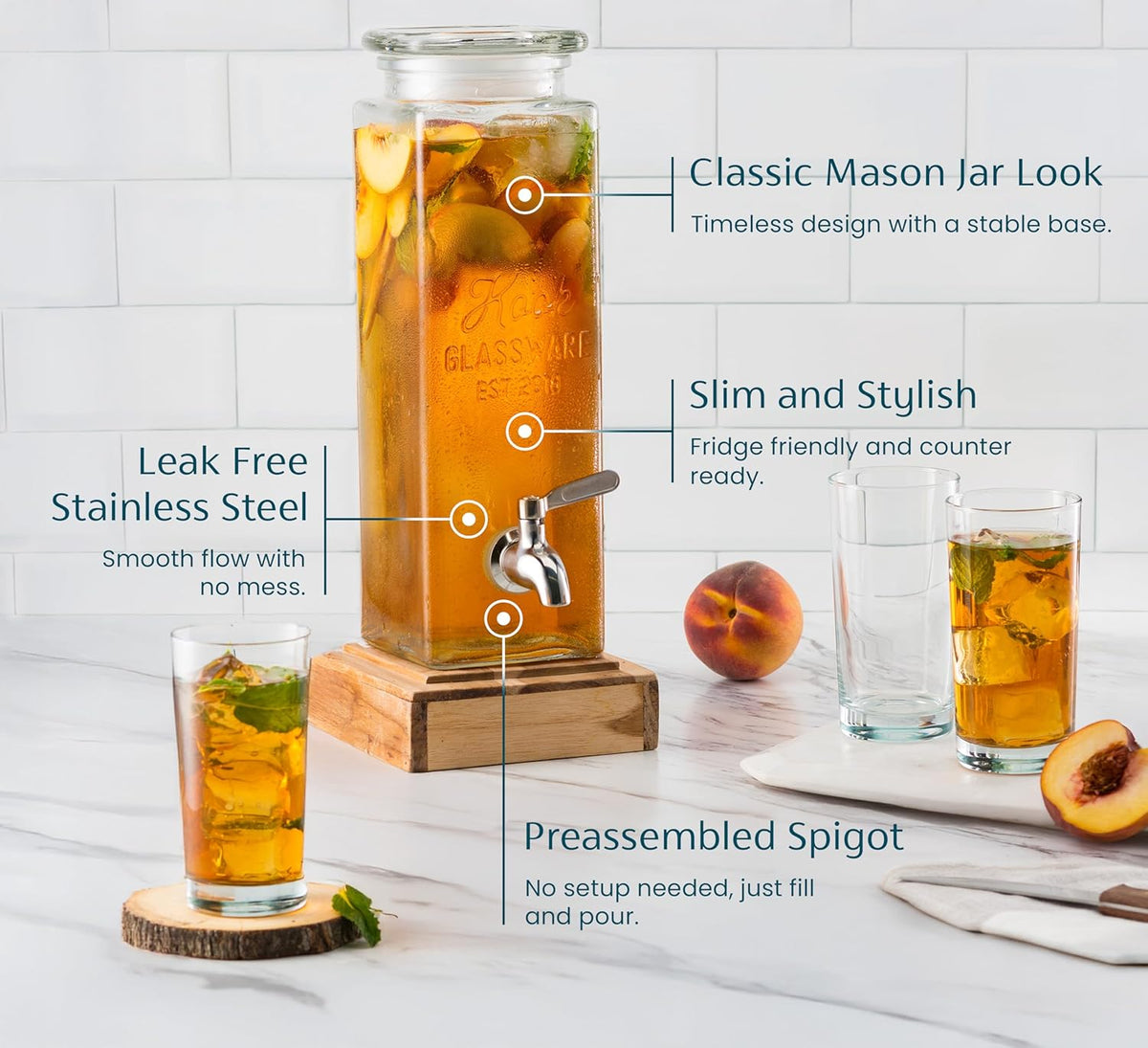 Kook Drink Dispenser, 80 oz, Water Dispenser Countertop, Glass Drink Dispenser, Beverage dispenser, with Leak-Proof Spigot, Clear Rectangular Jar, Storage for Party, Fridge, for Water, Iced Tea
