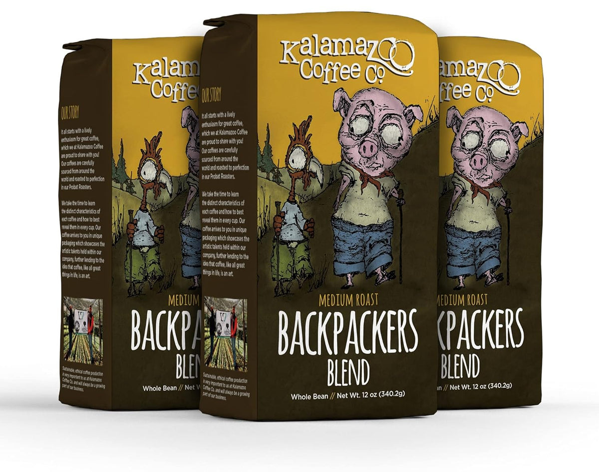 KALAMAZOO COFFEE COMPANY Backpackers Blend Whole Bean Coffee - Medium Roast | 12oz Bag (3 Pack)