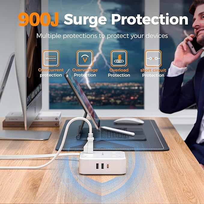 Surge Protector Power Strip, TESSAN 5 Ft Flat Plug Extension Cord with Multiple Outlets, 3 USB (1 USB C PD 20W), 8 Outlets, 900J Surge Protection, for Home, Office, Dorm Room Essentials, 1250W