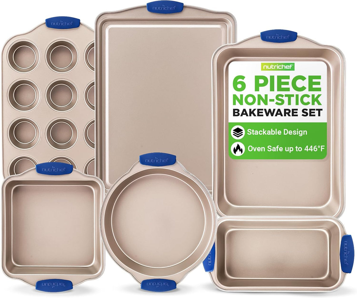 NutriChef 6-Piece Nonstick Bakeware Set - Premium Carbon Steel Baking Trays w/Heat-Safe Silicone Handles - Includes Loaf Pan, Muffin/Cupcake Pan, Round & Square Roaster Pans, Cookie Sheet - NCSBSG36