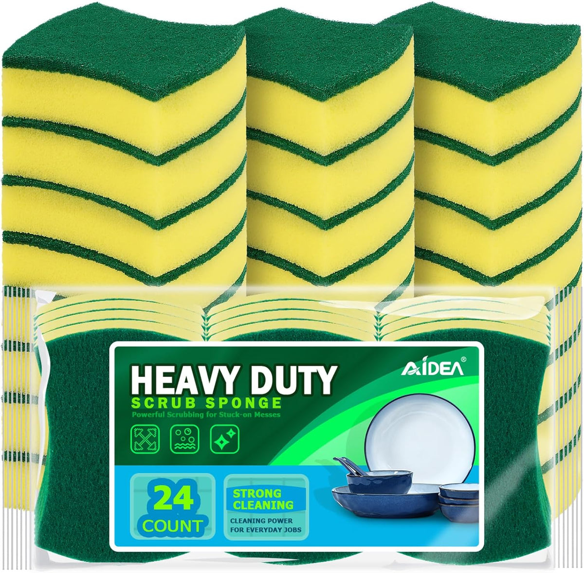 AIDEA Sponges Kitchen, 24 Pack Heavy Duty Dish Sponge, Cleaning Dish Scrubber Sponge for Home and Kitchen, Stink-Free Cleaning Supplies for Pots, Pans
