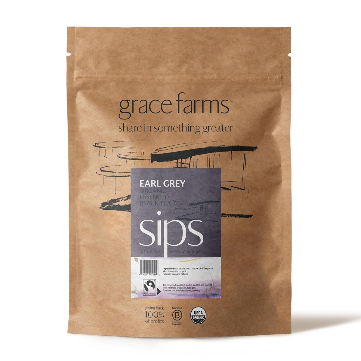 Grace Farms Organic Earl Grey Black Tea, 50 Sachet Pouch | Bergamot Oil | Fairtrade & Kosher |Gives Back 100% of Profits